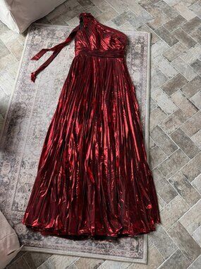 Pleated Metallic One-Shoulder Formal Gown